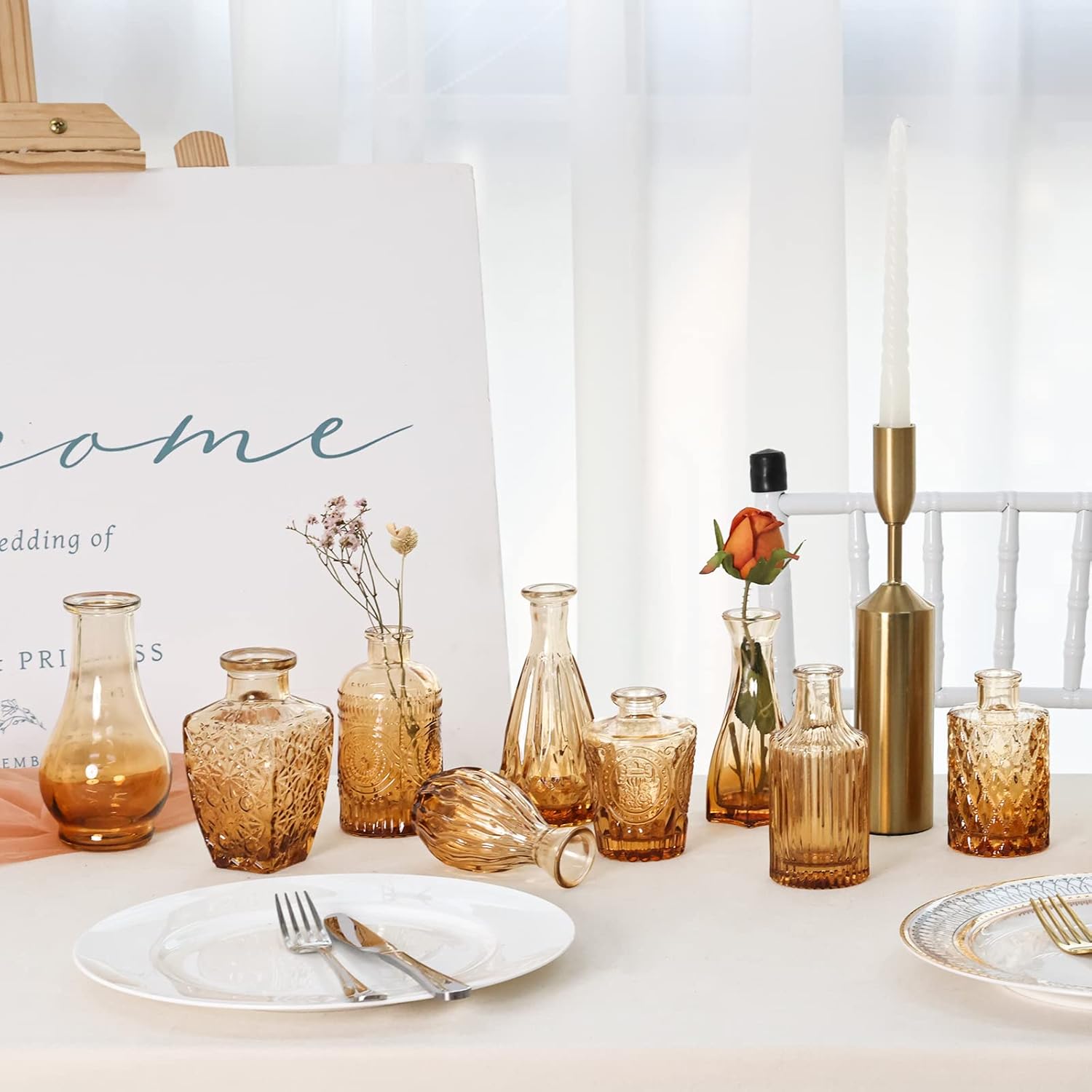 CUCUMI 14pcs Glass Bud Vase Set, Small Amber Vases for Centerpieces in Bulk, Vintage Glass Flower Vases for Wedding Home Table Party Decor
